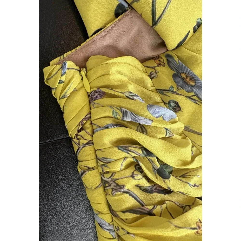 Self Portrait Womens Sleeveless Floral Pleated Asymmetrical Dress Yellow Size 10 - Picture 9 of 12